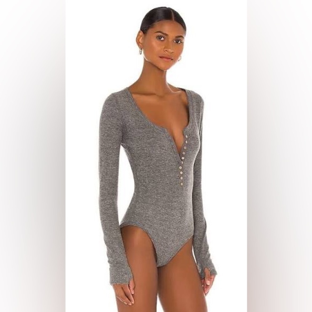 Free People Dylan Henley Thermal Bodysuit NWT Size Large Grey Long Sleeve Boho
